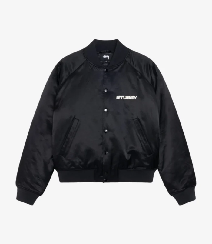 Unisex Stüssy AW24 Souvenir Bomber Black Satin Jacket