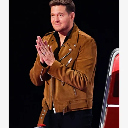 Unisex The Voice S28 Michael Buble Brown Suede Leather Motorcycle Jacket