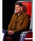 The Voice S28 Michael Buble Brown Suede Leather Motorcycle Jacket