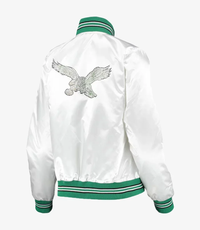 Starter White Philadelphia Eagles High Post Satin Rhinestone Full-Snap Jacket For Unisex