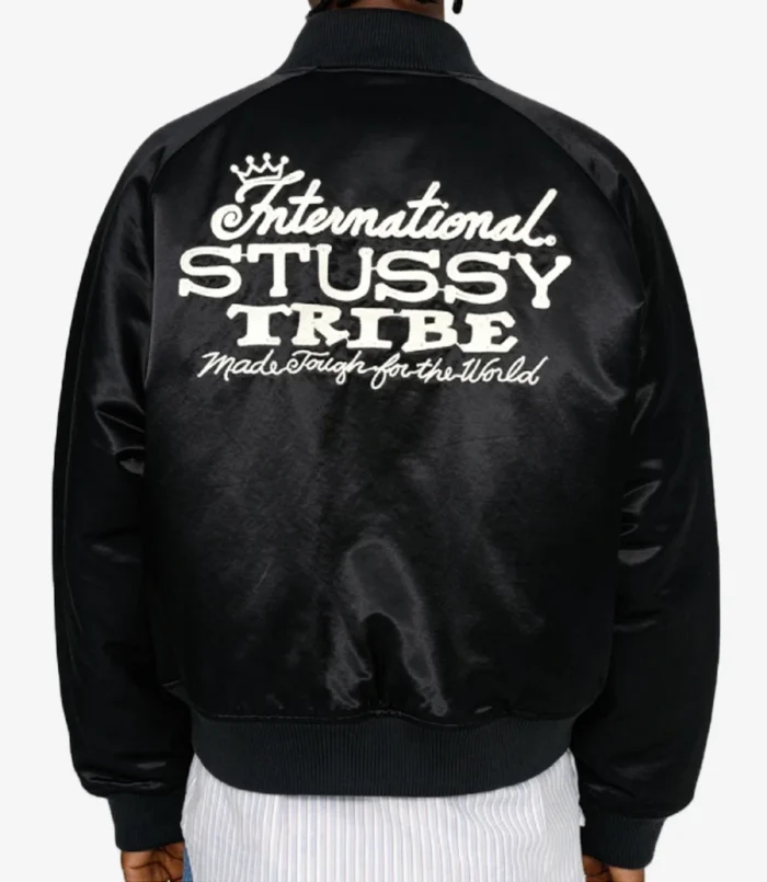 Stüssy AW24 Souvenir Bomber Black Satin Jacket For Unisex