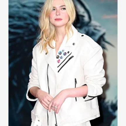 Women's Elle Fanning Predator Badlands Event 2025 Thia White Leather Jacket