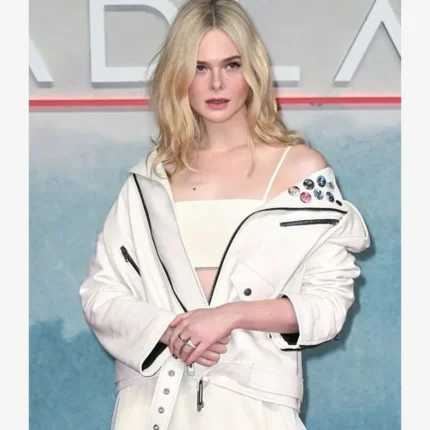 Elle Fanning Predator Badlands Event 2025 Thia White Leather Jacket