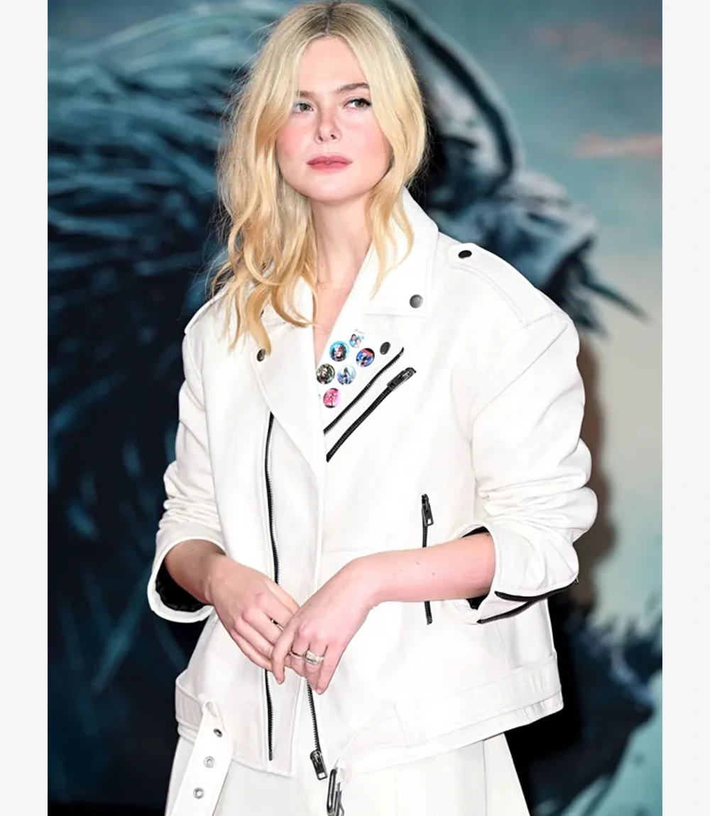 Elle Fanning Predator Badlands Event 2025 Thia White Leather Jacket Women's Elle Fanning Predator Badlands Event 2025 Thia White Leather Jacket