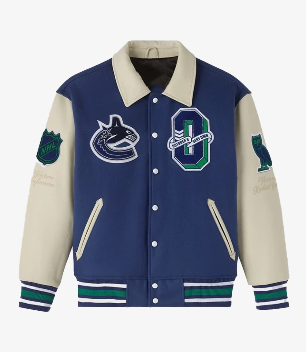 OVO X NHL 2025 Vancouver Canucks Blue Varsity Jacket Unisex OVO X NHL 2025 Vancouver Canucks Blue Varsity Jacket