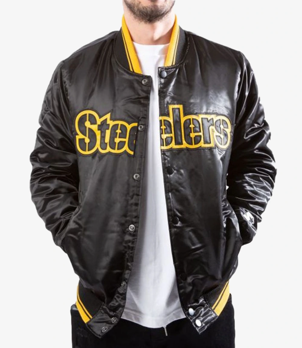 Pittsburgh Steelers Starter Bomber Satin Black Jacket Unisex Pittsburgh Steelers Starter Bomber Satin Black Jacket