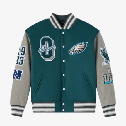 Unisex 2025 Philadelphia Eagles OVO Wool Varsity Jacket in Green & Grey