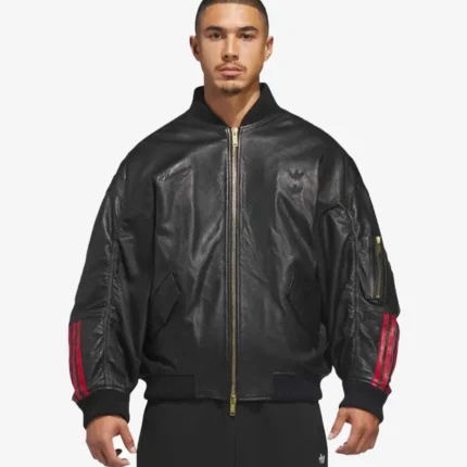 Adidas Originals x Willy Chavarria Black Bomber Leather Jacket For Unisex