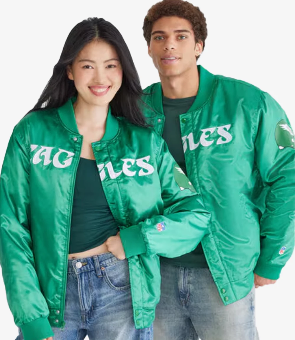 Aeropostale Philadelphia Eagles Green Satin Bomber Jacket Unisex Aeropostale Philadelphia Eagles Green Satin Bomber Jacket