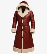 Christmas Red Genuine Leather Shearling Hooded Belted Closure Trench Coat For Unisex