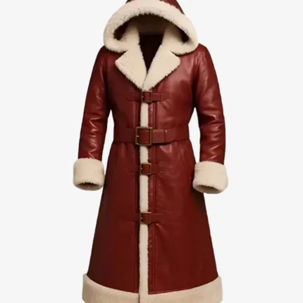 Christmas Red Genuine Leather Shearling Hooded Belted Closure Trench Coat For Unisex