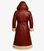 Christmas Red Genuine Leather Shearling Hooded Belted Closure Trench Coat