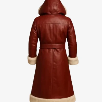 Christmas Red Genuine Leather Shearling Hooded Belted Closure Trench Coat