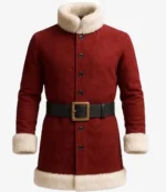 Christmas Santa High Neck Shearling Collar Red Suede Leather Coat For Unisex