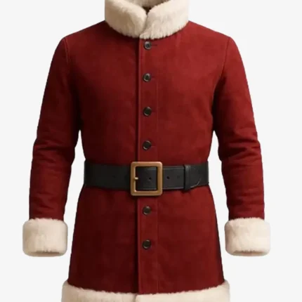 Christmas Santa High Neck Shearling Collar Red Suede Leather Coat For Unisex