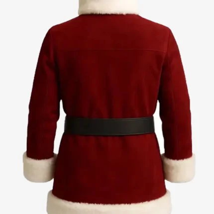 Christmas Santa High Neck Shearling Collar Red Suede Leather Coat