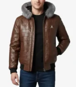 Unisex Classic Brown Quilted Leather Bomber Jacket with Fur Trimmed Hood