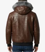 Classic Brown Quilted Leather Bomber Jacket with Fur Trimmed Hood