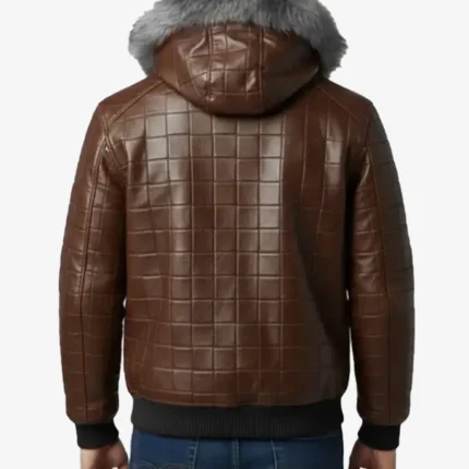Classic Brown Quilted Leather Bomber Jacket with Fur Trimmed Hood