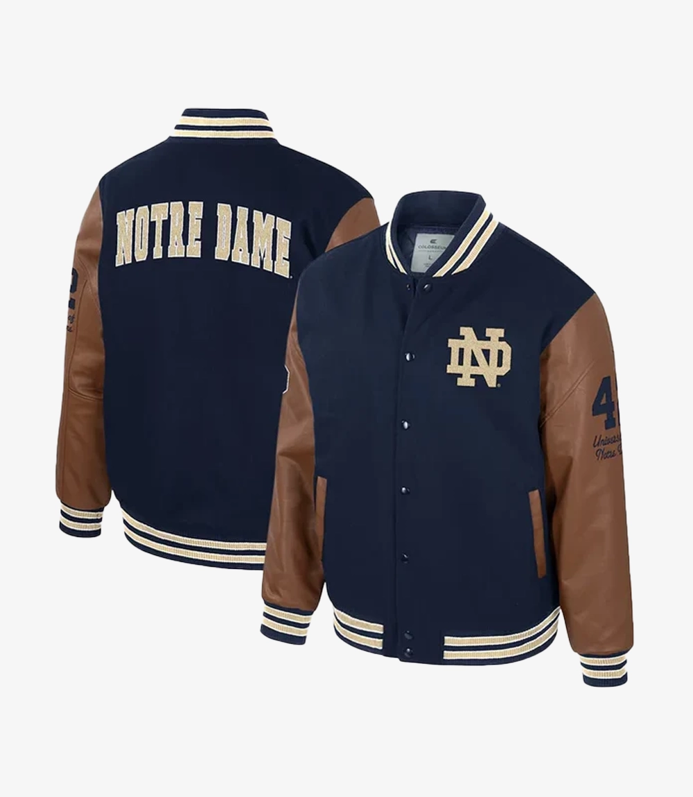 Colosseum Navy Notre Dame Fighting Irish Letterman Full-Snap Varsity Jacket Unisex Colosseum Navy Notre Dame Fighting Irish Letterman Full-Snap Varsity Jacket