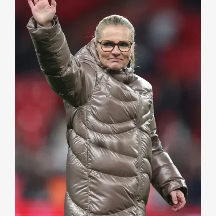 Women's England Manager Sarina Wiegman Women’s International Friendly 2025 Curved Quilting Taupe Glossy Maxi Puffer Coat