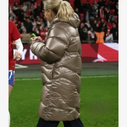 England Manager Sarina Wiegman Women’s International Friendly 2025 Curved Quilting Taupe Glossy Maxi Puffer Coat