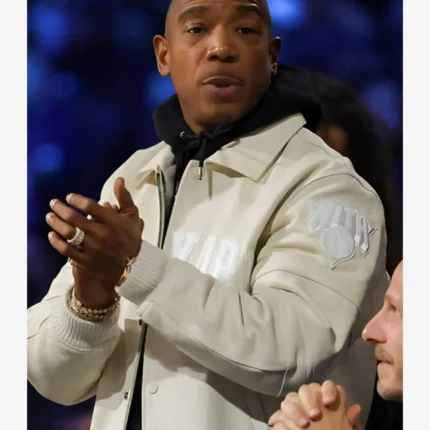 Unisex Ja Rule Emirates NBA Cup Semifinals 2025 “NEW YORK” Appliqué, Ribbed Hem & Cuffs Cream Tonal Varsity-Style Bomber Jacket