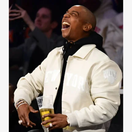 Ja Rule Emirates NBA Cup Semifinals 2025 “NEW YORK” Appliqué, Ribbed Hem & Cuffs Cream Tonal Varsity-Style Bomber Jacket