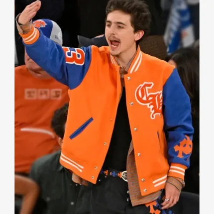 Unisex Knicks Game Timothee Chalamet Orange and Blue Varsity Jacket