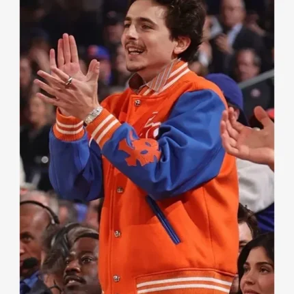 Knicks Game Timothee Chalamet Orange and Blue Varsity Jacket