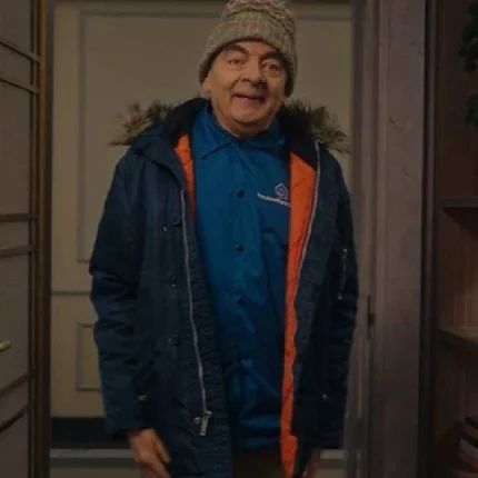 Unisex Man Vs Baby 2025 Rowan Atkinson Navy Blue Fur Hooded Coat