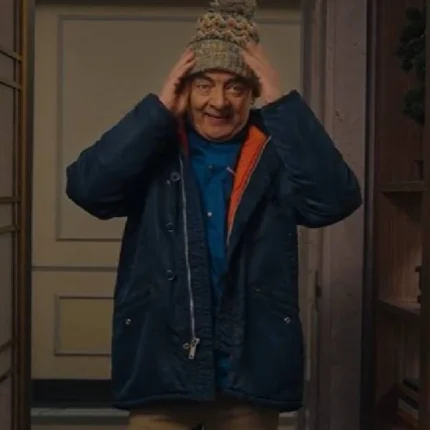Man Vs Baby 2025 Rowan Atkinson Navy Blue Fur Hooded Coat