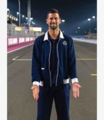 Unisex Novak Djokovic Formula 1 Qatar Grand Prix 2025 Lacoste Tennis Club White Trim Navy Blue Bomber Jacket