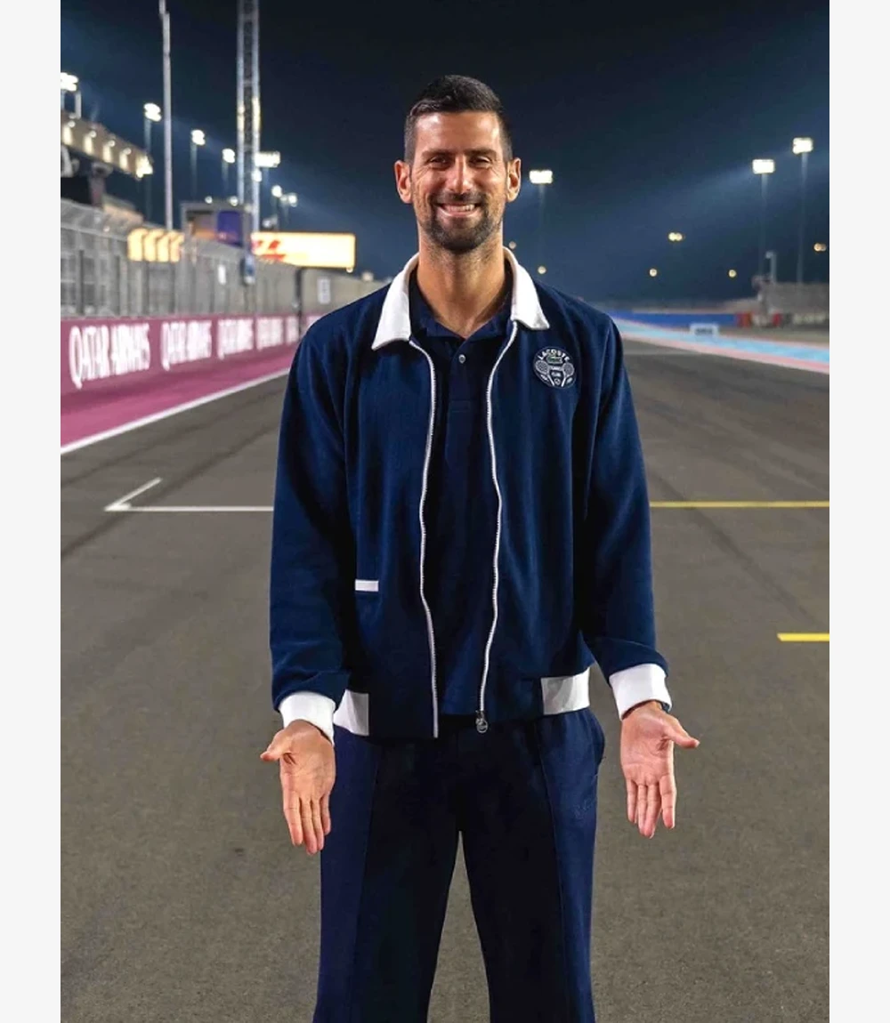 Novak Djokovic Formula 1 Qatar Grand Prix 2025 Lacoste Tennis Club White Trim Navy Blue Bomber Jacket Unisex Novak Djokovic Formula 1 Qatar Grand Prix 2025 Lacoste Tennis Club White Trim Navy Blue Bomber Jacket