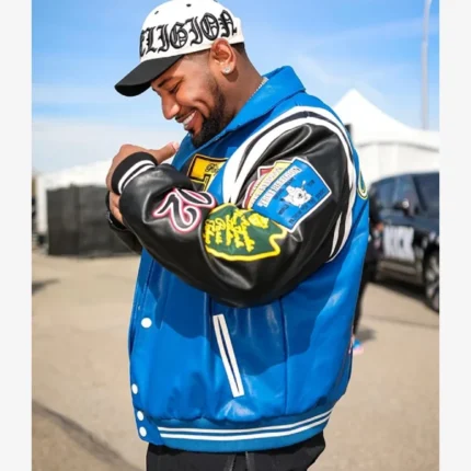 Unisex The Rolling Loud Festival Rapper Derrick Milano Blue and Black Varsity Leather Jacket