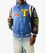 The Rolling Loud Festival Rapper Derrick Milano Blue and Black Varsity Leather Jacket