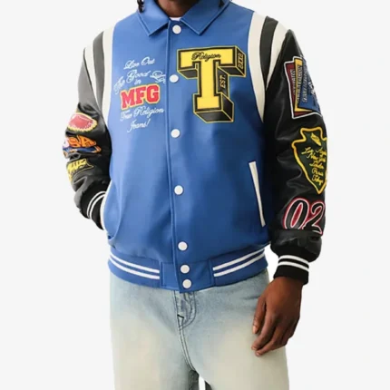 The Rolling Loud Festival Rapper Derrick Milano Blue and Black Varsity Leather Jacket