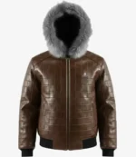 Classic Brown Quilted Leather Bomber Jacket with Fur Trimmed Hood For Unisex