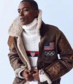 Polo Ralph Lauren Team USA 2026 Winter Olympics Brown Leather Flight Jacket For Unisex
