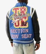 The Rolling Loud Festival Rapper Derrick Milano Blue and Black Varsity Leather Jacket For Unisex