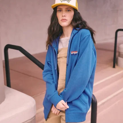 Unisex Wrangler x Stranger Things TV Series S05 Eleven Blue Zip Up Fleece Hoodie