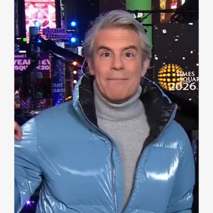 Unisex Andy Cohen New Years Eve 2026 Blue Mackage Puffer Jacket with Removable Hood