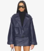 Women's Blue Oversized Belted Leather Jacket