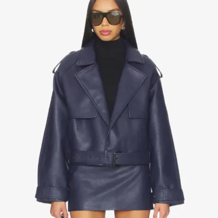 Women's Blue Oversized Belted Leather Jacket