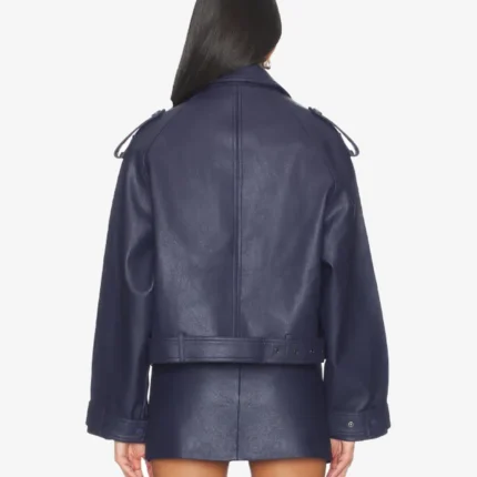 Blue Oversized Belted Leather Jacket