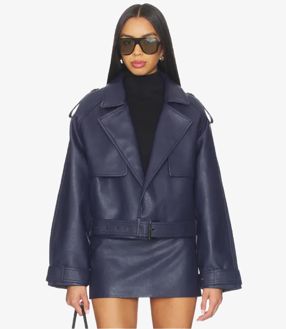 Blue Oversized Belted Leather Jacket Women's Blue Oversized Belted Leather Jacket