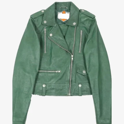 Women's Cropped Leather Biker Jacket with Asymmetric Zip Closure