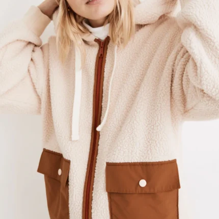 Unisex Home Town S10 Erin Napier White Sherpa Zip Jacket with Brown Pockets