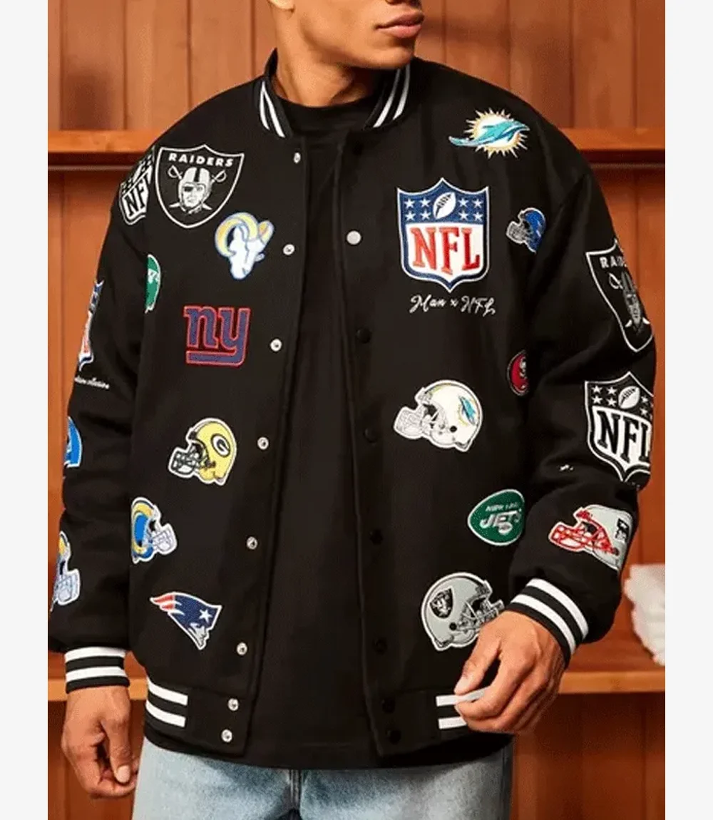 National Football League 2025 All Team Badges Unisex Black Wool Varsity Jacket Unisex National Football League 2025 All Team Badges Unisex Black Wool Varsity Jacket