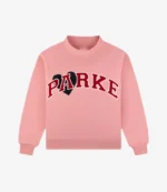 Unisex Parke Women’s Valentine’s 2026 Jean Heart Varsity Mockneck Fleece Sweatshirt in Pink & Grey